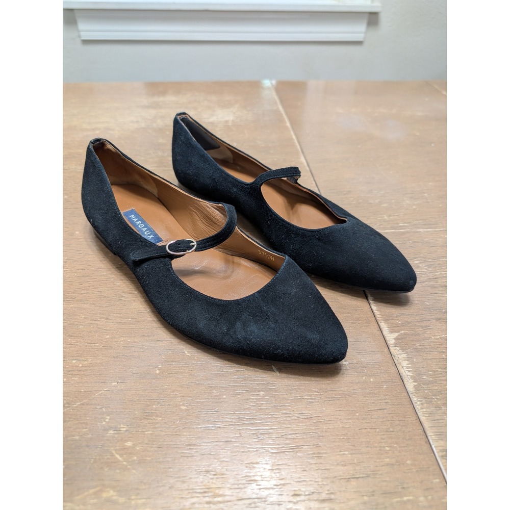MARGAUX Black Suede‎ Mary Jane Ballet Flats Pointed Toe Buckle Shoes 37.5 Women